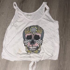 Kirra White Tank Top with Multicolor Sugar Skull Graphic and Tie Hem